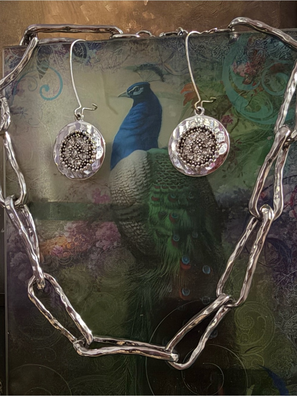 Silver-toned Hammered Paperclip Necklace and Rhinestone Medallion Earring Set